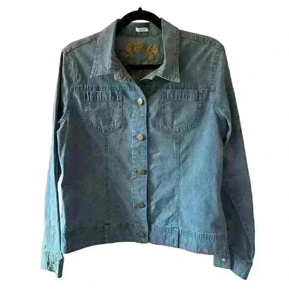 Erin London Women's M Denim Jacket Embroidered Floral Button-Down Blue - Picture 1 of 11